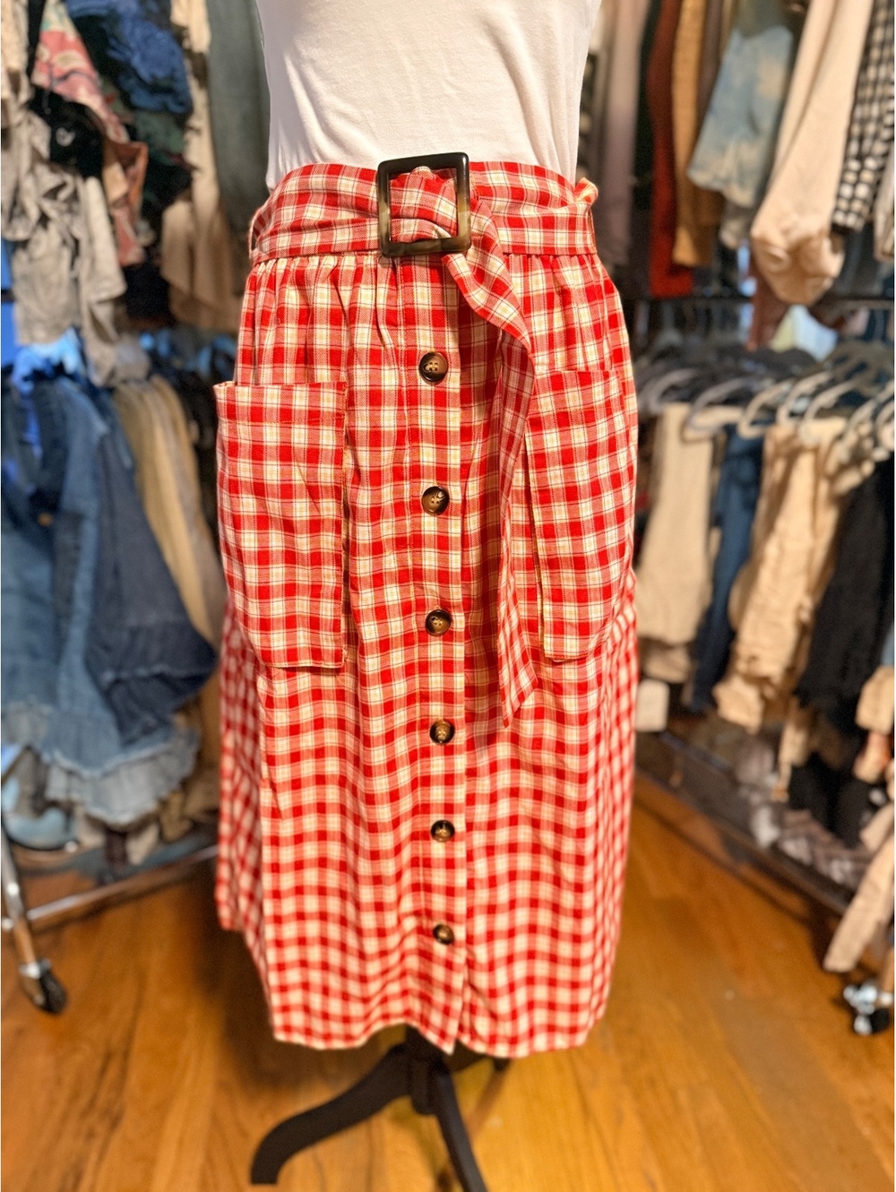 MOON RIVER Belted Red Gingham Button Front Midi Skirt Pockets M NWOT